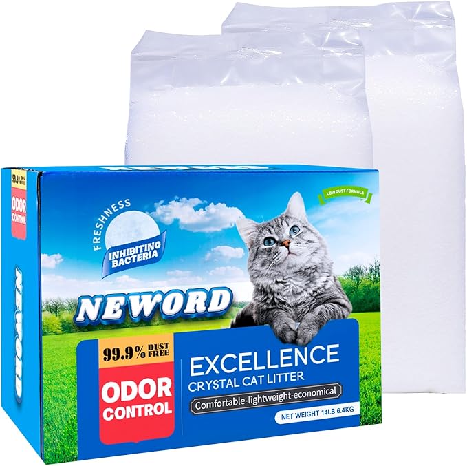 NEWORD Crystals Cat Litter Superior Odor Control 14 lbs Total (2 Pack of 7lb Bags) Soft-On-Paws Low Tracking Dust-Free White Silica Gel, Unscented-Mewly Pet
