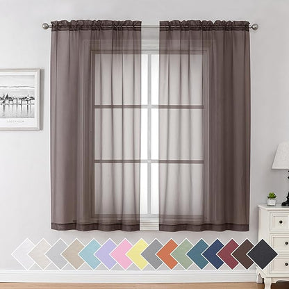 Aiyufeng Chocolate Sheer Curtains 63 Inches Long 2 Panels, Solid Voile Top Dual Rod Pockets Stylish Breathable Drapes Window Treatment for Kid's Room/Bedroom/Living Room, 40W x 63L, Chocolate Brown