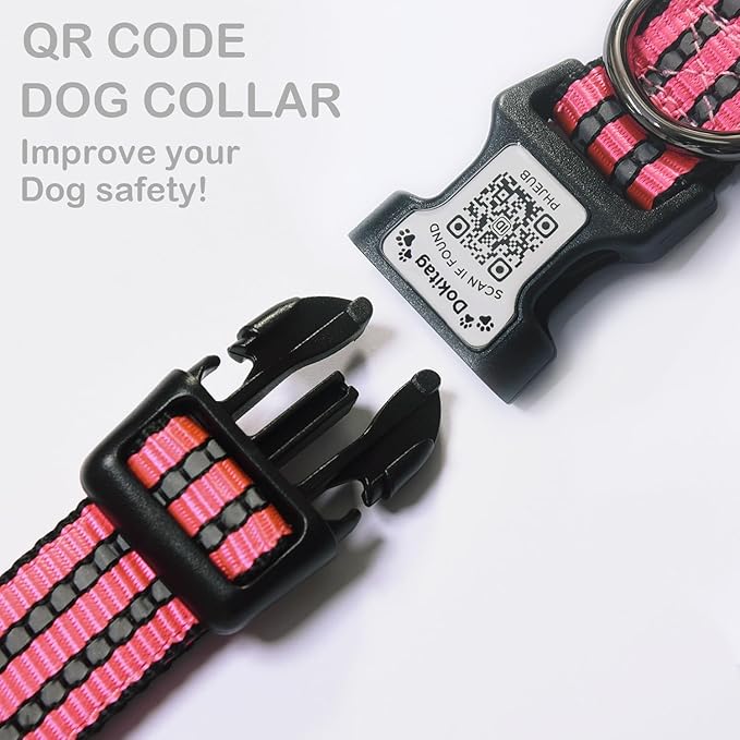 Reflective Dog Collar with Apple AirTag Holder & QR Code Pet ID Tag,Soft Nylon Adjustable Dog Tracker Collar with Safety Lock for Medium Dogs (Rose Red, M)-Mewly Pet