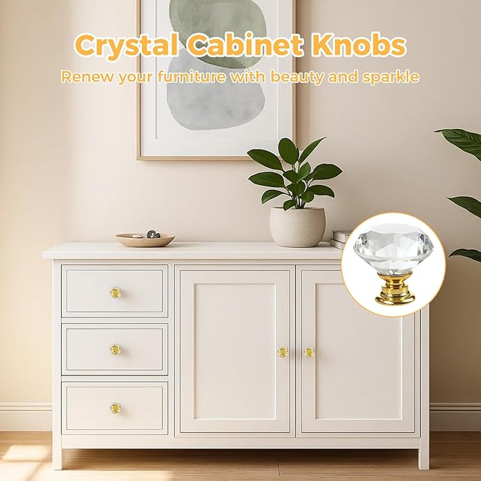 DEELF 30 Packs Kitchen Cabinet Knobs, 30 mm Crystal Cabinet Knobs, Diamond Dresser Handle Drawer Pulls, Dresser Knobs for Cabinets and Drawers, Gold Base