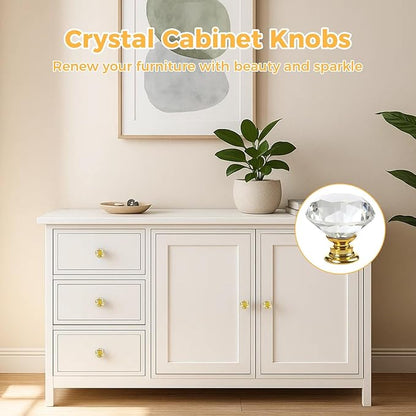 DEELF 26 Packs Kitchen Cabinet Knobs, 30 mm Crystal Cabinet Knobs Diamond Dresser Handle Drawer Pulls, Dresser Knobs for Cabinets and Drawers, Gold Base