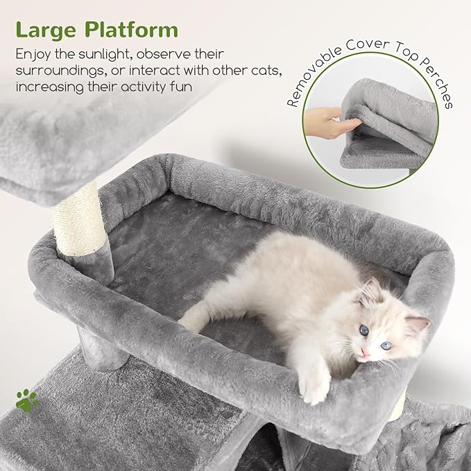 Globlazer Tall Cat Tower, 76 inch Multiple Level Cat Climbers for Indoor Cats, XL Cat Tree with 5 Scratching Posts, 2 Cat Condos, Hammock, 2 Hanging Baskets, F76B, Light Grey-Mewly Pet