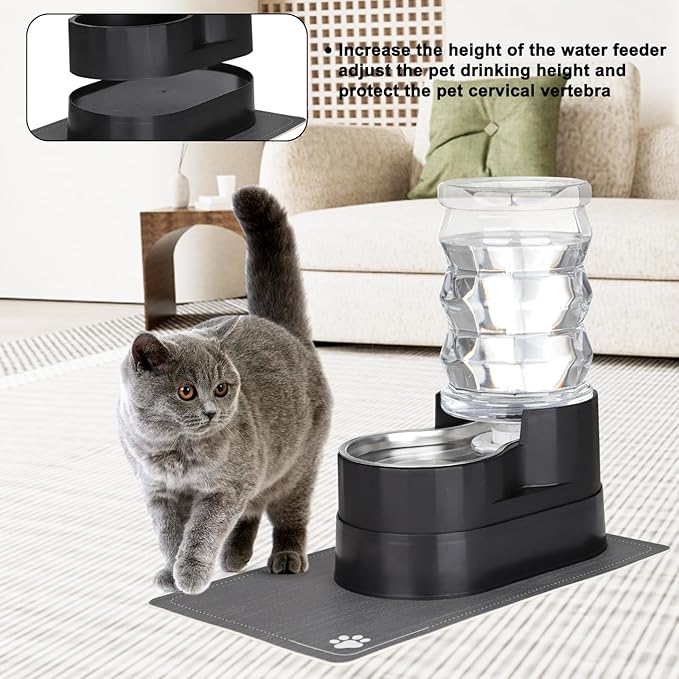 RIZZARI Automatic Cat Water Dispenser: Black 7L Elevated Fountain - Stainless Steel Gravity Feeder - Splash Guard Mat-Mewly Pet