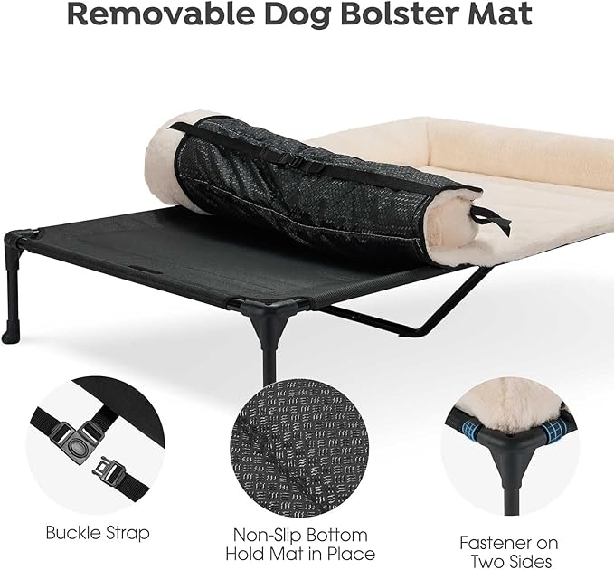 Veehoo Cooling Elevated Dog Bed with Fluffy Plush Bolster Cushion, Indoor Raised Dog Beds for Large Dogs, Soft Pet Sofa Cot with Removable Washable Mat, No-Slip Feet, 59 x 37 inches, Cream White-Mewly Pet