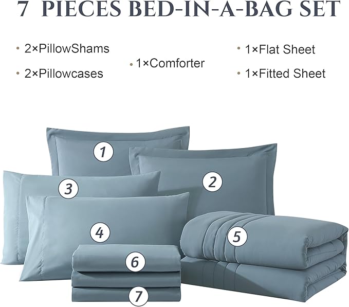Monbix King Size Comforter Set - 7 Pieces Bed in a Bag King, Dusty Blue Bedding Sets with Comforter, All Seasons Down Alternative Comforter Bed Set with Sheets, Pillowcases & Shams