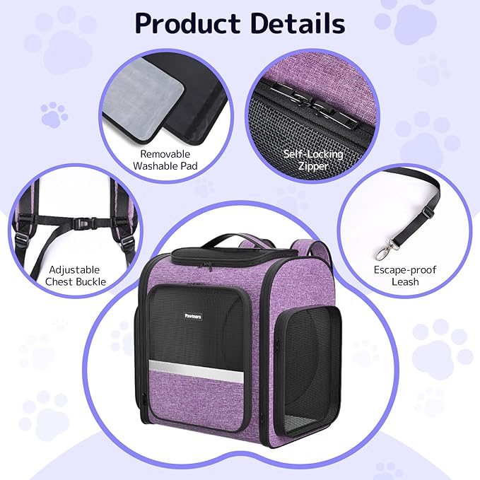 Pawtners Cat Carrier Backpacks Expandable Cat Backpack with Breathable Mesh, Pet Carrier Backpack for Cats Small Dogs Puppies Up to 18 Lbs, Dog Carrier Backpack for Travel Hiking Camping Outdoor-Mewly Pet