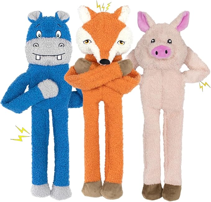 3 Pack No Stuffing Crinkle Squeaky Interactive Plush Dog Toys for Aggressive Chewers to Keep Puppy Busy for Boredom Small & Medium Breeds Furry Friend Teething Orange Fox Pink Pig Blue Hippo-Mewly Pet