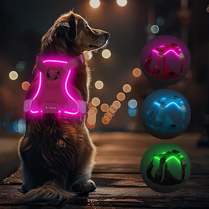 Light Up Dog Harness,Reflective Pet Harness Rechargeable,Led Dog Vest Harness for Night Walking,Adjustable Dog Safety Vest for Small Medium Large Dogs-No Pull,Pink,S-Mewly Pet
