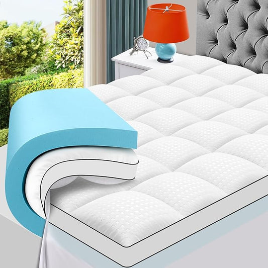 MASVIS California King Size Dual Layer 4 Inch Memory Foam Mattress Topper, 2 Inch Gel Memory Foam and 2 Inch Cooling Pillow Top Mattress Pad Cover for Back Pain, Medium Support