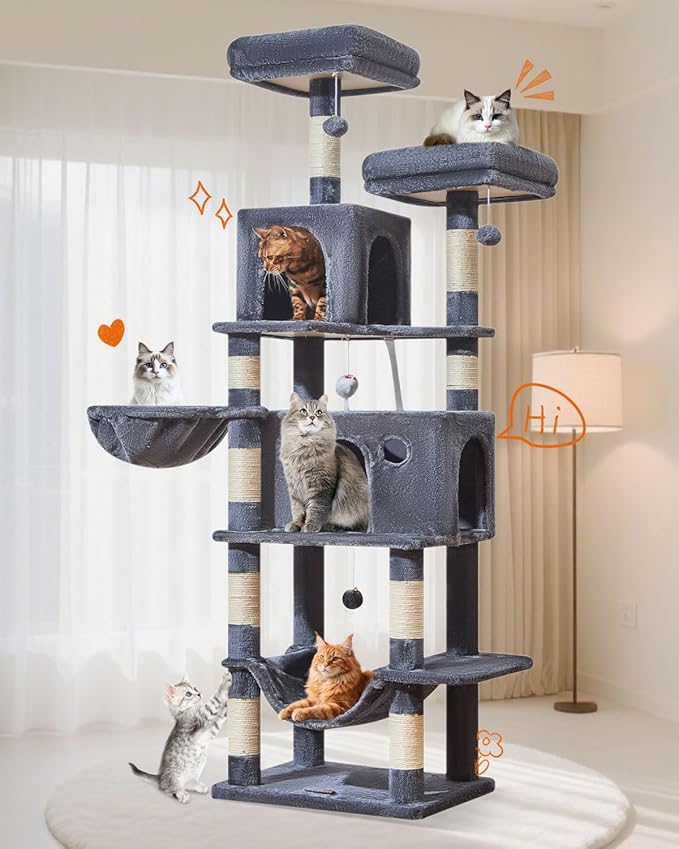 Taoqimiao Large Cat Tree，73-Inch Cat Tree Tower with 9 Scratching Posts for Indoor Cats, 2 Large Cat Condo with Hammock, Hanging Basket, 2 Extended Platform, Smoky Gray MS013XLG-Mewly Pet