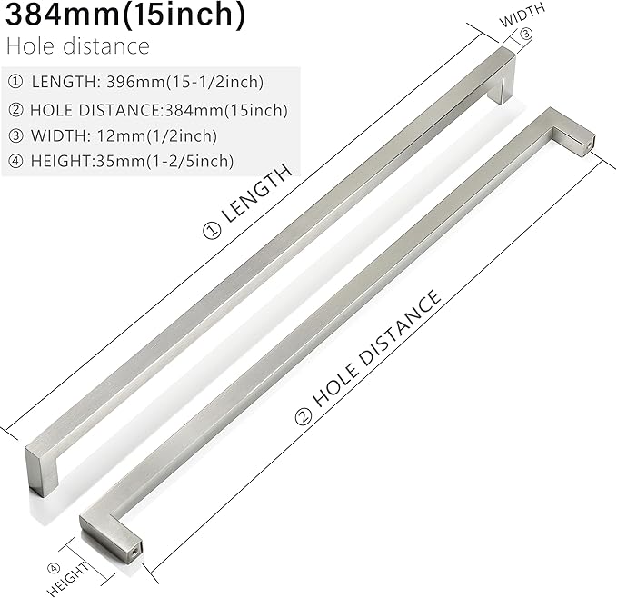20 Pack 15 Inch Stainless Steel Square Cabinet Pulls, Brushed Nickel Finish, Easy to Install, Durable, Ambidextrous, 384mm Hole Centers