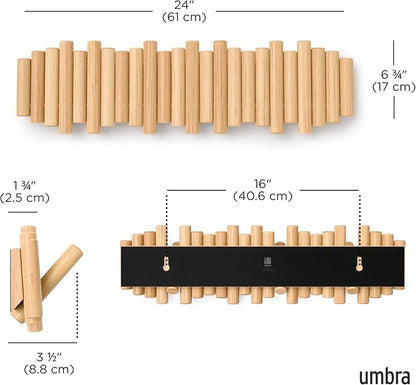Umbra Picket Coat Rack with 8 Hooks – Natural Wall-Mounted Coat Rack with Flip-Down Wooden Hooks, Real Pine Wood Decorative Wall Storage for Jackets, Hats, Scarves, Bags, Entryway, Bedroom Living Room