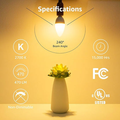 Lepro E12 LED Candelabra Light Bulbs, 5.5 watt, 40 watt Equivalent C37 B11 Ceiling Fan Bulb Chandelier Bulbs, 2700 Kelvin Warm White Type B Small Base Candle Lights, Frosted Plastic Shell, 6-Pack