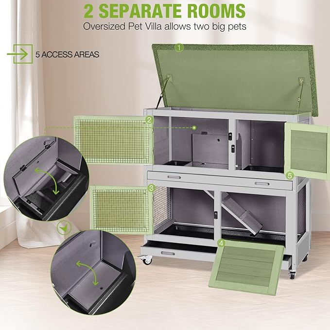 GUTINNEEN Rabbit Hutch Indoor with Chew-Proof Design, Wooden Bunny Cage Outdoor Guinea Pig Cages with Wheels, Leak-Proof Trays for Rabbits, Guinea Pigs, Small Animals-Mewly Pet