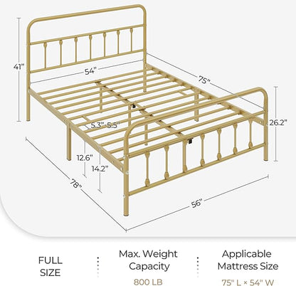 Yaheetech Classic Metal Platform Bed Frame Mattress Foundation with Victorian Style Iron-Art Headboard/Footboard/Under Bed Storage No Box Spring Needed Full Size Antique Gold