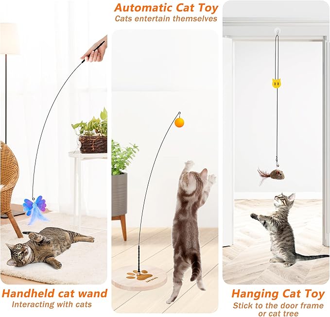JXFUKAL Interactive cat Toy, Automatic Cat Wand Toy with Stable Wooden Base, 2 PCS Detachable Cat Teaser, 5PCS Refills Replacement & Hanging Cat Toy, Kitty Kitten Toys Cat Feather Spring String Toy-Mewly Pet