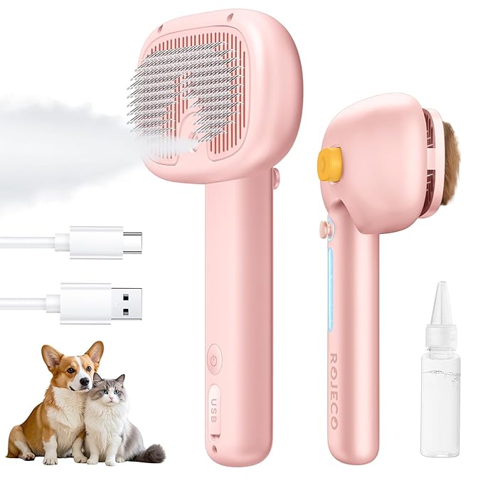 ROJECO 3-in-1 Pet Steam Brush for Cats&Dogs - Detangling Comb with Adjustable Mist, Handheld Deshedding Grooming Tool for Long/Short Hair, Massage Brush & Shedding Control Gift,Cordless,Pink-Mewly Pet