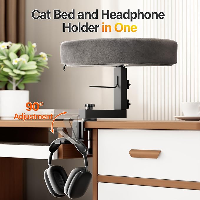 2-in-1 Cat Bed Desk Mount & Headphone Hanger – Adjustable Cats Hammock Bed for Desk, Cat Beds & Furniture for Home Office or Gaming Setup-Mewly Pet