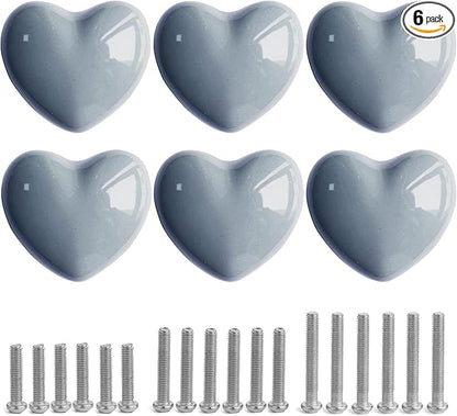 Ceramic Drawer Knobs Heart Shape Cabinet Dresser Pulls Handles with 3 Sized Screws, Kitchen Furniture Knobs for Closet Cupboard Wardrobe (6, Grey)