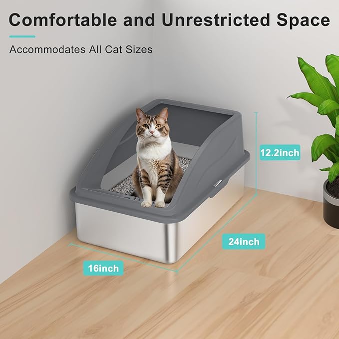 2 Pack Stainless Steel Litter Box | XL Enclosed Cat Litter Boxes with Lid for Big Cats and Multi-Cats | High Sided, Anti-Urine Leakage | Non-Stick Bottom（Multi-Colored）-Mewly Pet