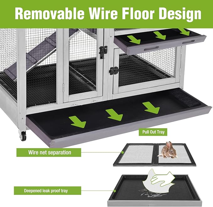 GUTINNEEN 2-Story Rabbit Hutch Indoor with Chew-Proof Ramp & Slide-Out Plastic Trays - Wooden Small Animal Cage Guinea Pig Cages with Wheels for 2-4 Rabbits, Bunnies, and Guinea Pigs (Grey)-Mewly Pet