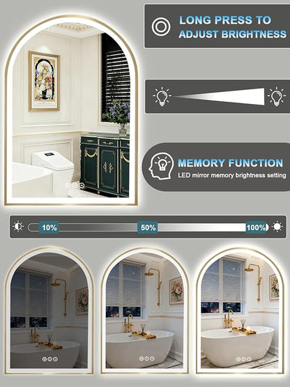 Gold Arch Mirror with Lights, 24x36 Inch Led Mirror for Bathroom, Wall-Mounted Mirror with Anti-Fog, Memory Function, 3 Color Temperature, Dimmable Led Bathroom Mirror