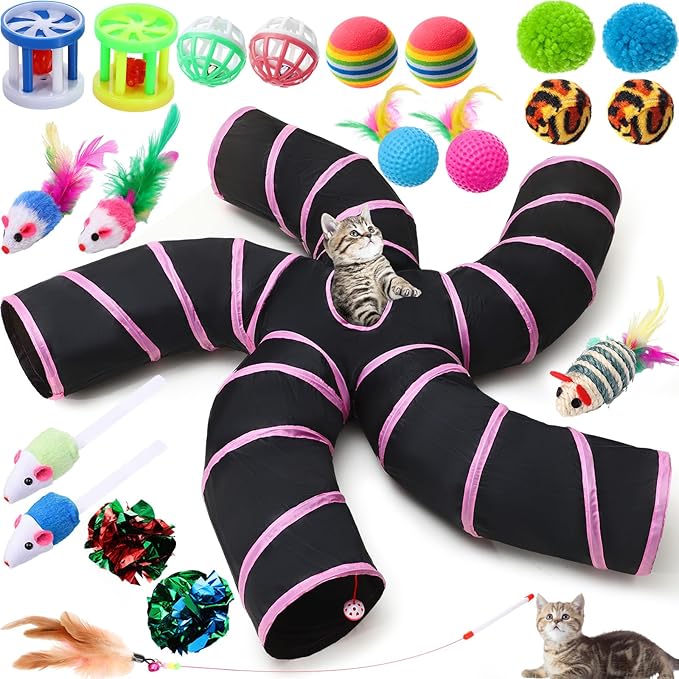 Poen 21 Pcs Cat Tunnel for Indoor Set Collapsible 5 Way Tubes with 20 Pcs Cat Kitten Toys Interactive Feather Toy Mouse Crinkle Balls Tube for Puppy Kitten Rabbit(Pink Black)-Mewly Pet