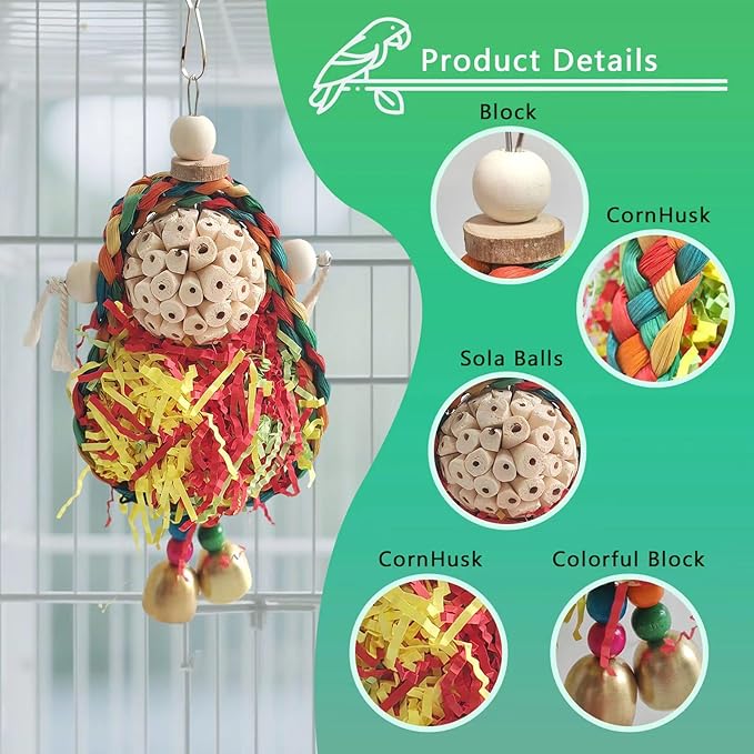 Parakeet Toys,Natural Sola Balls and Shredding Hanging Chewing Toy,2 PCS Small and Medium-Sized Parrot Toys, Bird Toys for Parrots,Cockatiels,Conures,Lovebird,Christmas Birds Toy-Mewly Pet