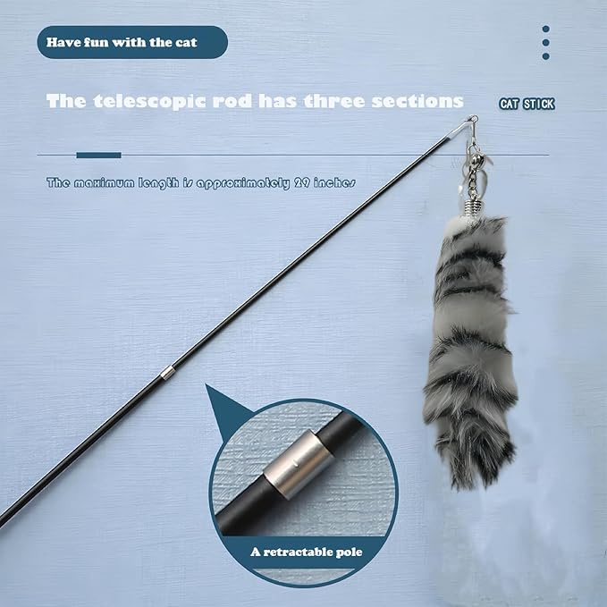 Interactive Cat Wand Toy with Cat Dancer, Retractable Feather Fox Tail Teaser for Indoor Cats, Enrichment Play Kittens to Senior Cats(Arctic White)-Mewly Pet