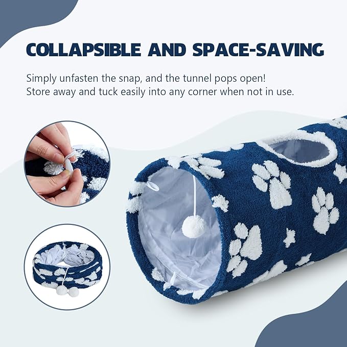 Straight Cat Tunnel for Indoor Cats 47"x12", Cute Cat Toys Collapsible Tunnel Tube with Balls for Puppy Kitten Rabbit, Blue Paw-Mewly Pet