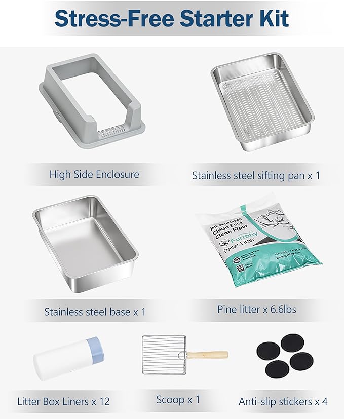 Stainless Steel Sifting Litter Box with Lid, Metal Litter Pan with Scoop for Big Cats Multi Cat, Extra Large Cats Litterbox Odor Control Easy Clean (24 * 16 * 12inch-with Enclosure, X-Large)-Mewly Pet