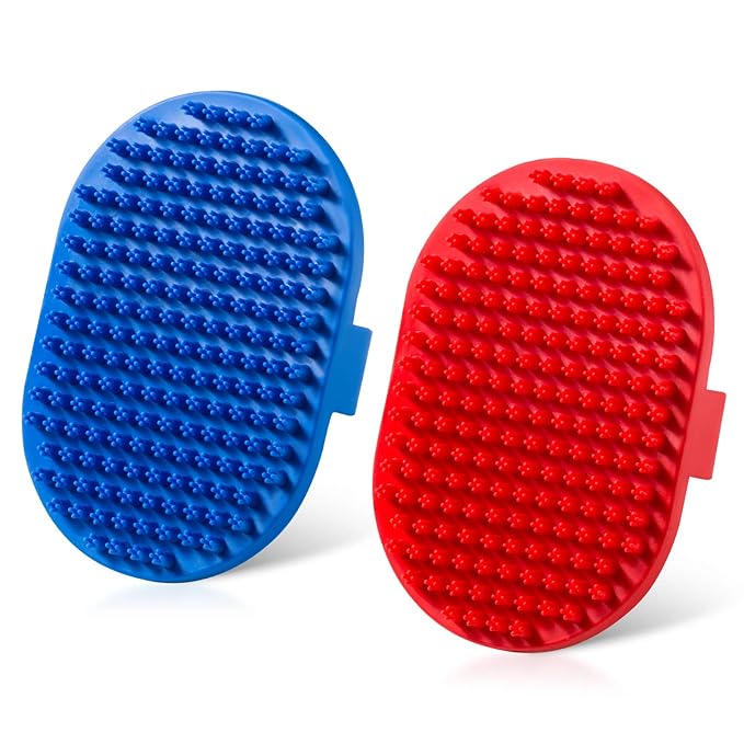 Lilpep Dog Bath Brush, Rubber Pet Shampoo Brush with Silicone Bristles for Massaging Grooming, Removing Short Haired Dogs Cats Shedding, Tangles and Dead Undercoat 2pcs (Blue+Red, plum brush)-Mewly Pet