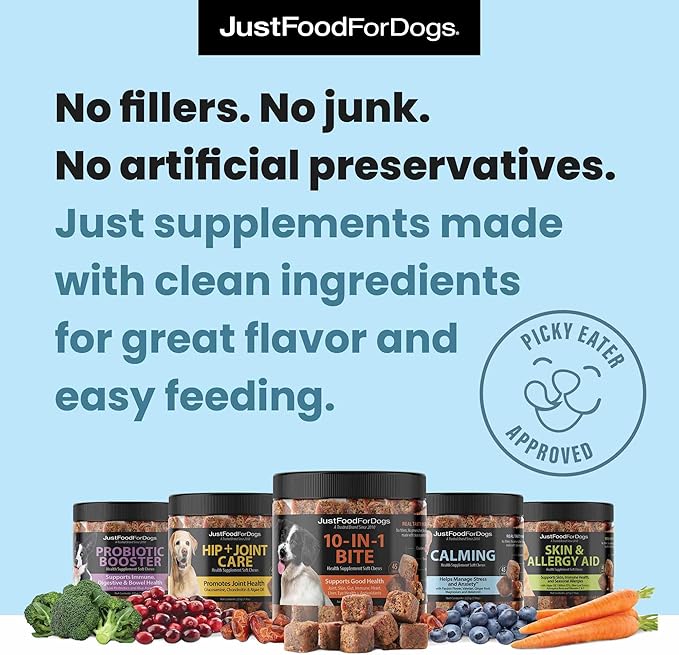 JustFoodForDogs Calming Supplement for Dogs Soft Chew to Support Stress and Anxiety, Melatonin, Relaxation Aid, Human-Grade Ingredients - 45 Count-Mewly Pet