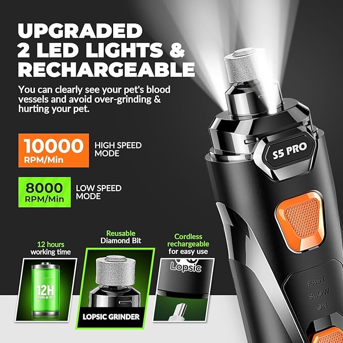 Dog Nail Grinder with 2 LED Lights Powerful 2 Speeds Super Quiet Dog Nail Trimmers with 3 Grinding Wheels Rechargeable Pet Dog Nail Clippers for Large Medium Puppy Dogs Dog Nail File Cat Nail Clipper-Mewly Pet