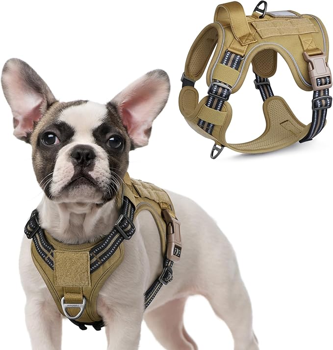 rabbitgoo Tactical Dog Harness for Small Dogs, No Pull Military Service Vest with Handle & Molle, Easy Control for Training Walking, Adjustable Reflective Straps, Brown, S-Mewly Pet