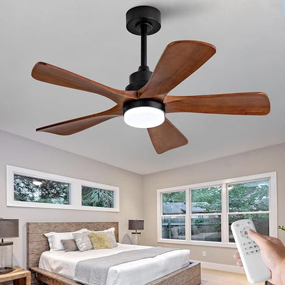 42 Inch Ceiling Fans with Lights and Remote Control, Outdoor Ceiling Fan for Patios, Black Ceiling Fan with Lights for Bedroom, Noiseless DC Motor, Dimmable Led 5 Solid Wood Blades