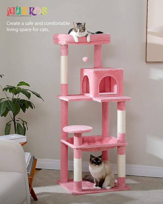 Cat Tree for Large Cats with Metal Plush Big Hammock, 56.3" Cat Tower for Indoor Cats with 2 Door Condo House, 6-Tier Cat Shelves with Scratching Posts and Large Top Perch, Pink-Mewly Pet