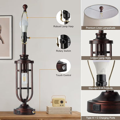 28" Table Lamps for Living Room Set of 2, Farmhouse Bedroom Lamps for Nightstand with USB A+C, Rustic Bedside Lamps for End Tables, Bulbs Included