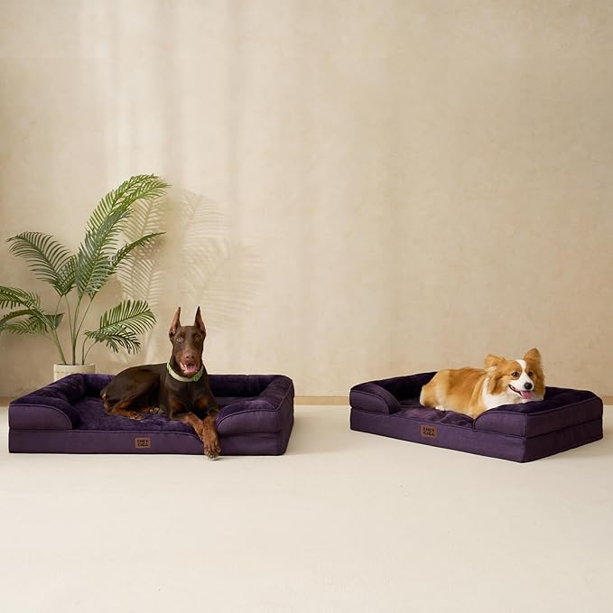 EHEYCIGA Orthopedic Dog Beds for Large Dogs, Waterproof Memory Foam Large Dog Bed with Sides, Non-Slip Bottom and Egg-Crate Foam Pet Couch Bed with Washable Removable Cover, Purple-Mewly Pet