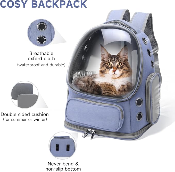 Cat Backpack Carrier, Breathable Cat Carrier Large Space Bubble Pet Backpack for Kitty Small Dog up to 12lbs, Transparent & Foldable Pet Carrier for Travel Hiking (Blue-Mewly Pet