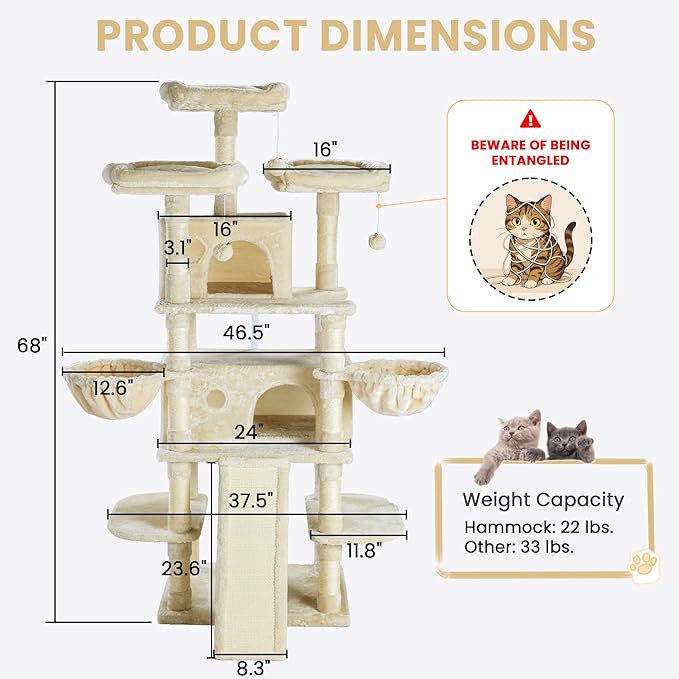 SHA CERLIN 68 Inches Multi-Level Large Cat Tree for Large Kitties/Big Cat Tower with Condo/Cozy Plush ‌Pussycat Perches/Sisal Scratching Posts and Hammocks/Activity Center/Beige-Mewly Pet