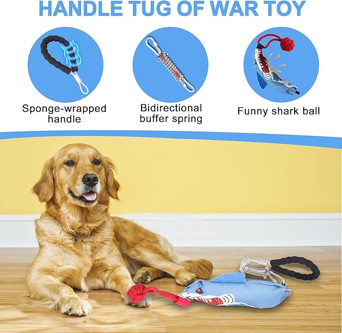 Dog tug of war Toy with Handle,Interactive Dog Toys with Squeak for Aggressive chewers, Durable Bungee Cord Toy with chew Ball-Mewly Pet