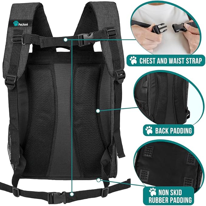 PetAmi Dog Backpack Carrier for Small Large Cat, Pet, Puppy, Ventilated Pet Hiking Backpack Travel Bag, Airline Approved Cat Backpack Carrier, Camping Biking Dog Bag Up to 18lbs Pet, Charcoal-Mewly Pet