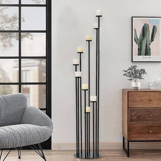 Set of 4 Floor Candle Holders,9 Arm Candle Holder for Fireplace Decoration,Black Metal Candle Stick Holders for Pillar Tealight Candles on Home Derecotion