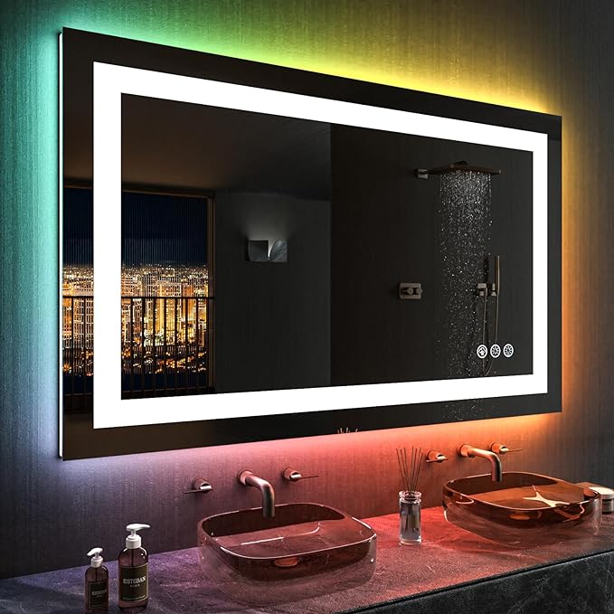 LOAAO 40"X24" LED Bathroom Mirror with Lights, Anti-Fog, Dimmable, RGB Backlit + Front Lighted, Bathroom Vanity Mirror for Wall, Memory Function, Tempered Glass (Safe to Use)