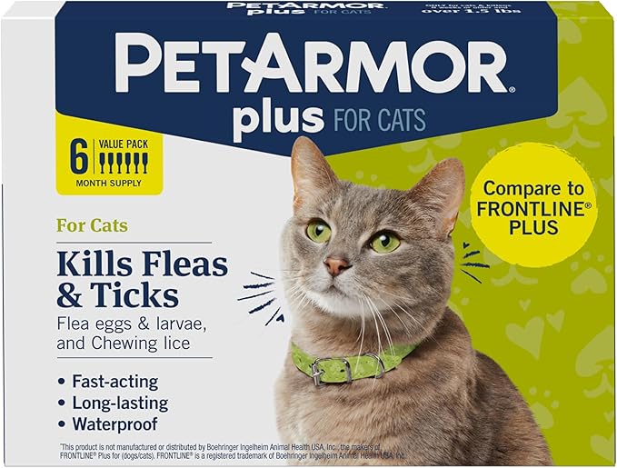 PetArmor Plus Flea and Tick Prevention for Cats, Cat Flea and Tick Treatment, 6 Doses, Waterproof Topical, Fast Acting, Cats Over 1.5 lbs-Mewly Pet