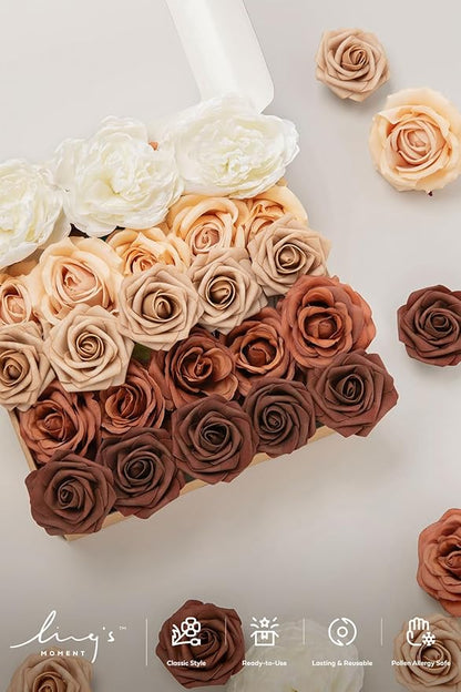 Ling's moment Artificial Flowers Fake Silk Peonies Faux Foam Roses Combo for DIY Wedding Bouquets Centerpieces Arrangements Bridal Shower Party Home Decorations, Dried Flower & Orange, 19pcs