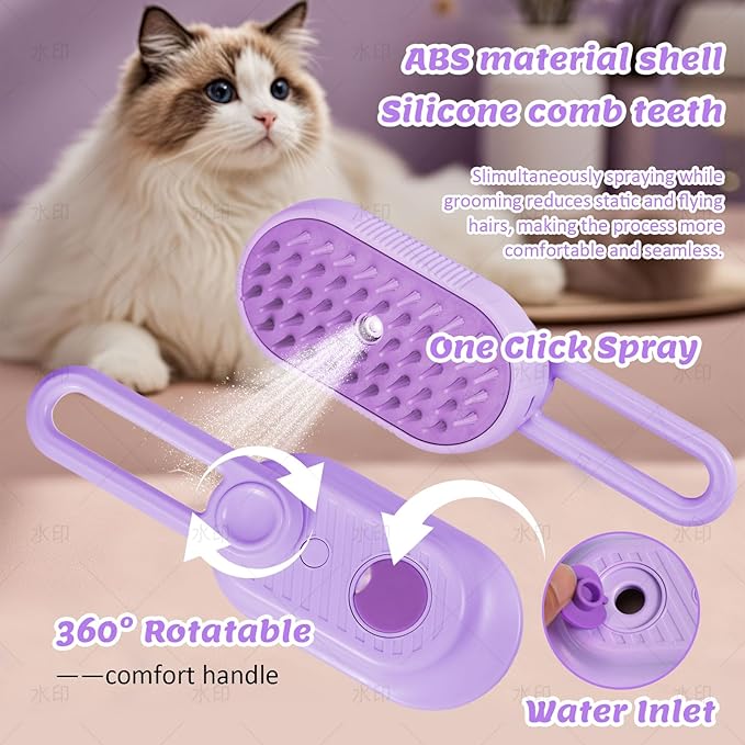 4 in 1 Cat & Dog Steam Brush Kit with 2 Comb Heads - Rechargeable Grooming Brush for Long/Short Hair Shedding, Anti-Static Steam Spray & Foldable Handle, Pet Spa Cleaning Tool (Purple)-Mewly Pet