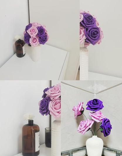 Purple Artificial Roses 50 PCS Flowers with Stem, Fake Rose Heads Bouquets for DIY Wedding Decorations Centerpieces Arrangements Party Home Garden Porch Window Decor