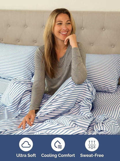 Extra Deep Full Sheet Set - 6 Piece Breathable and Cooling Sheets - Hotel Luxury Bed Sheets Set - Easy Fit - Soft, Wrinkle Free and Comfy Sheets Set - Blue Striped Sheet Set with Extra Deep Pockets